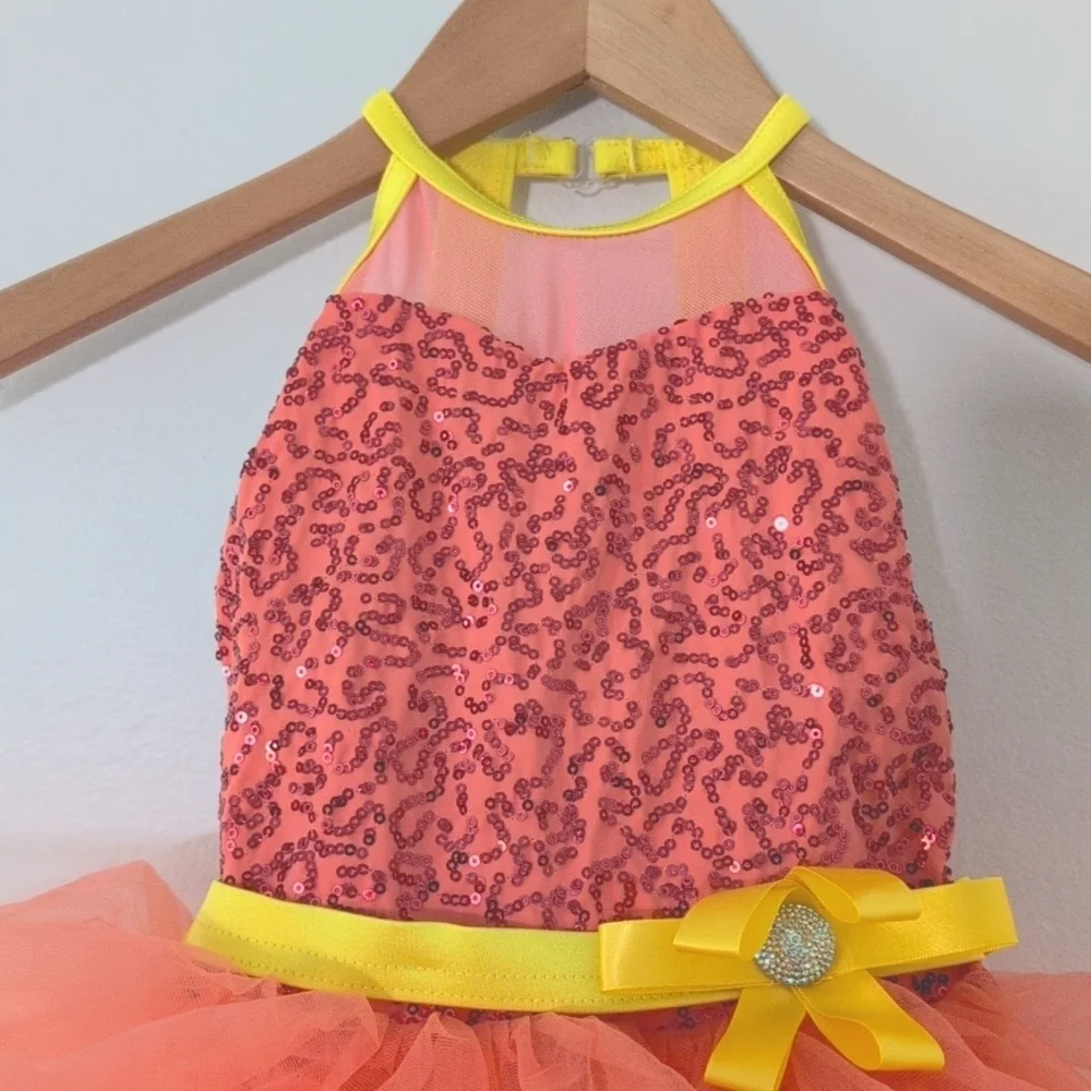 New Weissman Coral Yellow Sequin Tutu Dance Costume Ruffle Skirt Halter Dress